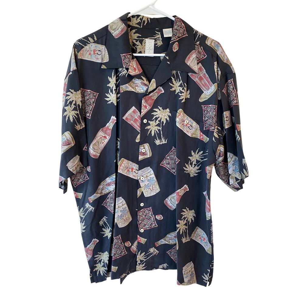 Bumka Bibas Short Sleeve Hawaiian Print Button Up Shirt Silk Black Men's Size L